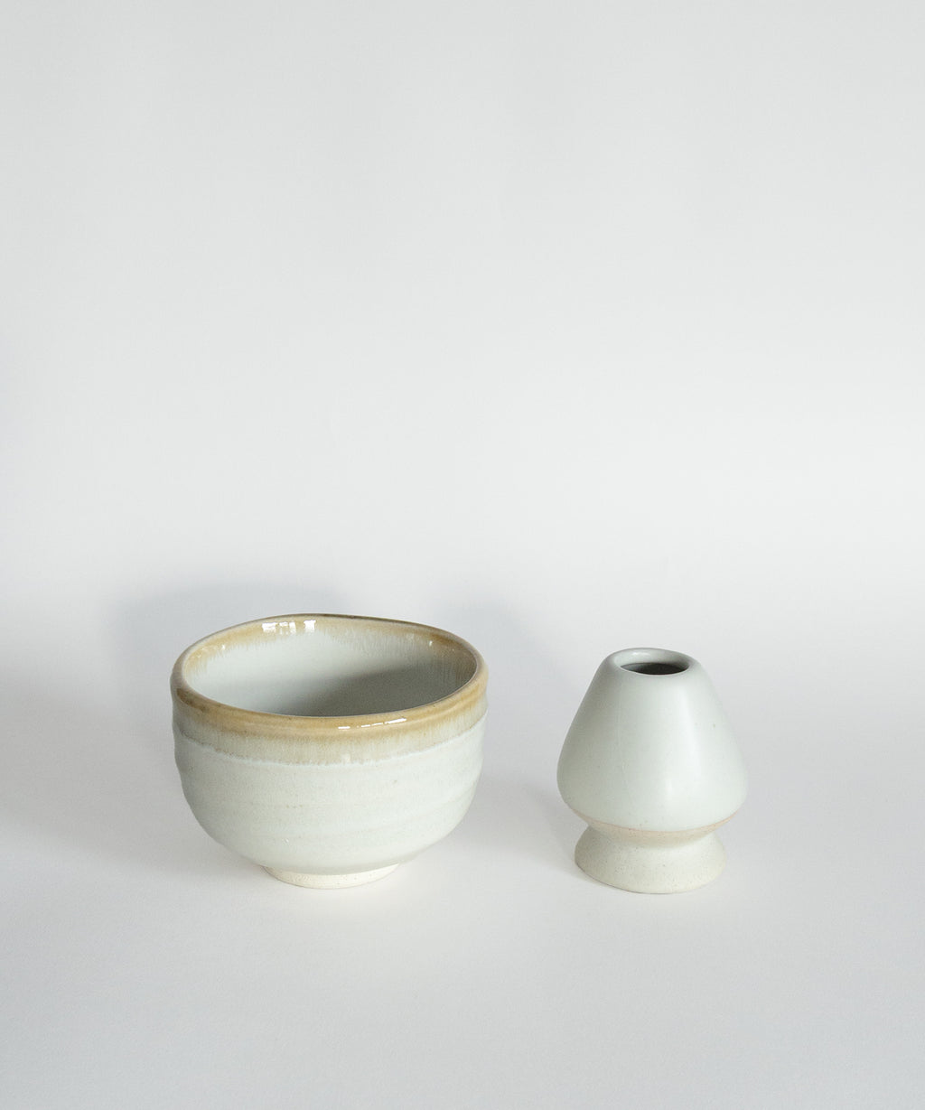Handcrafted Japanese Mino matcha bowl and ceramic whisk holder set in white blue rim glaze, limited edition matcha tools UK