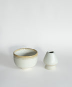 Handcrafted Japanese Mino matcha bowl and ceramic whisk holder set in white blue rim glaze, limited edition matcha tools UK