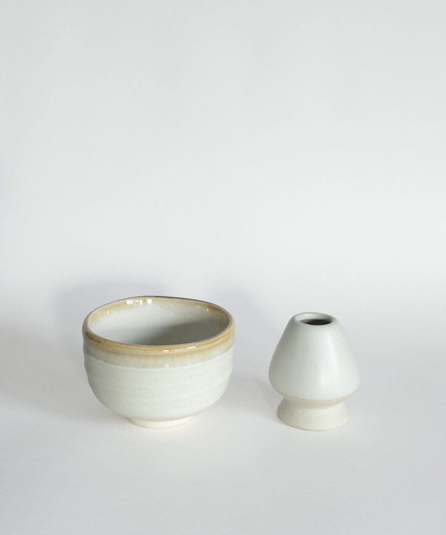 Handcrafted Japanese Mino matcha bowl and ceramic whisk holder set in white blue rim glaze, limited edition matcha tools UK