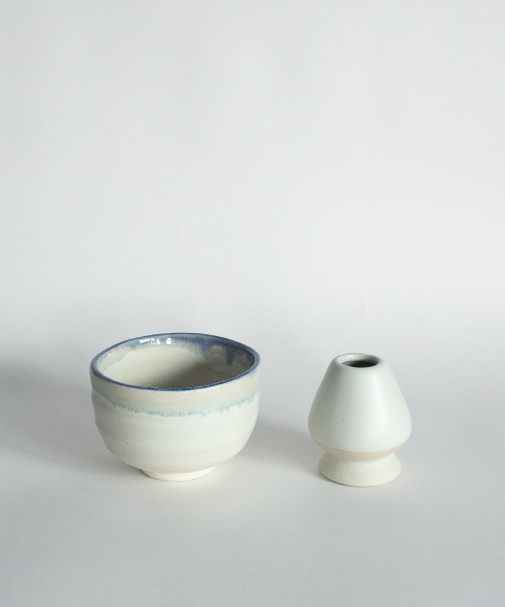 Handcrafted Japanese Mino matcha bowl and ceramic whisk holder set in white blue rim glaze, limited edition matcha tools UK