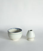 Handcrafted Japanese Mino matcha bowl and ceramic whisk holder set in white blue rim glaze, limited edition matcha tools UK