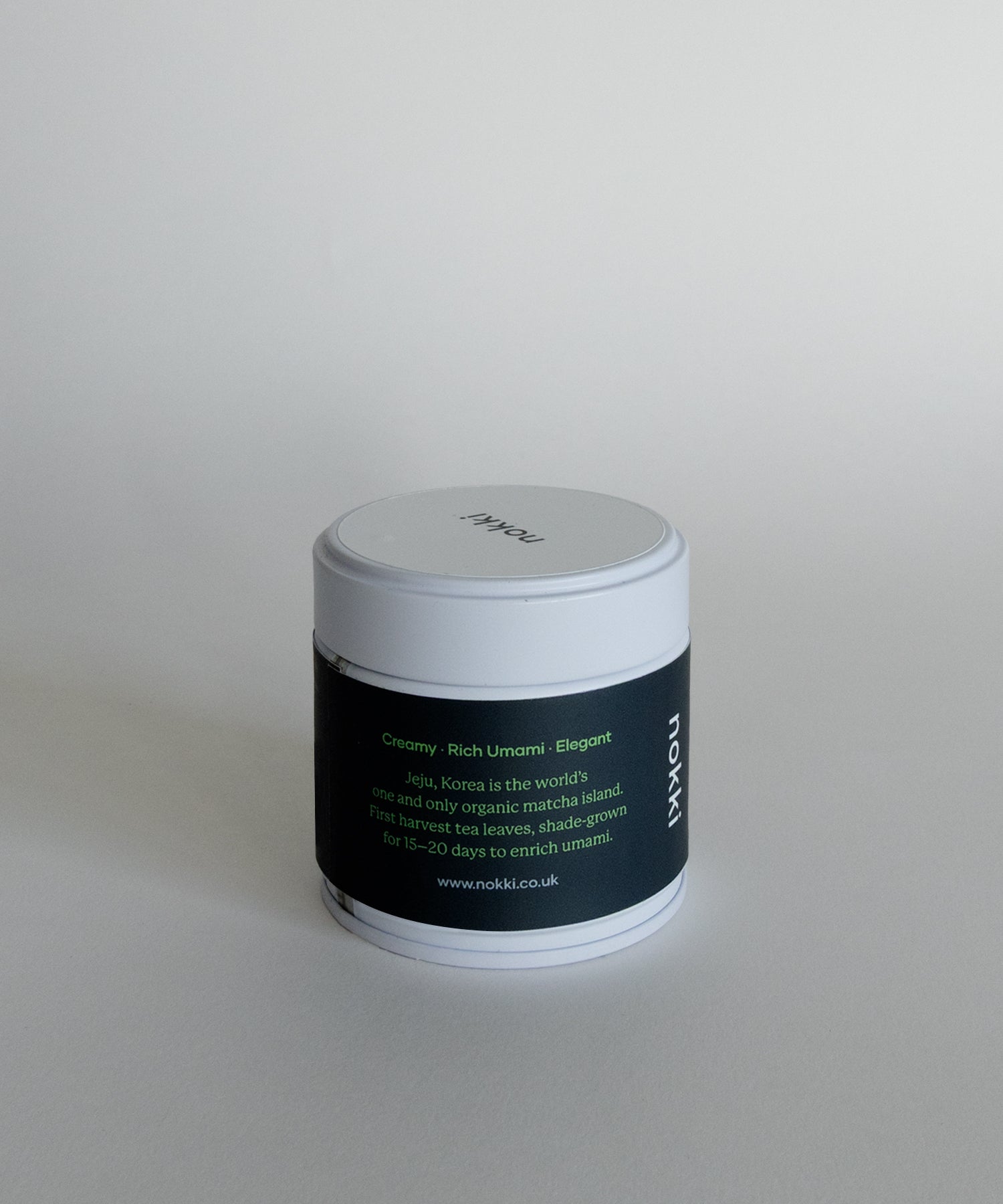 Back label of nokki Ceremonial Blend Matcha tin – organic matcha powder details