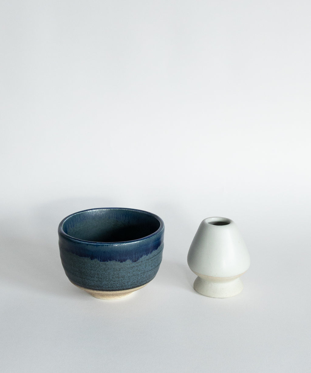 Handcrafted Japanese Mino matcha bowl and ceramic whisk holder set in navy glaze, limited edition matcha tools handmade pottery UK