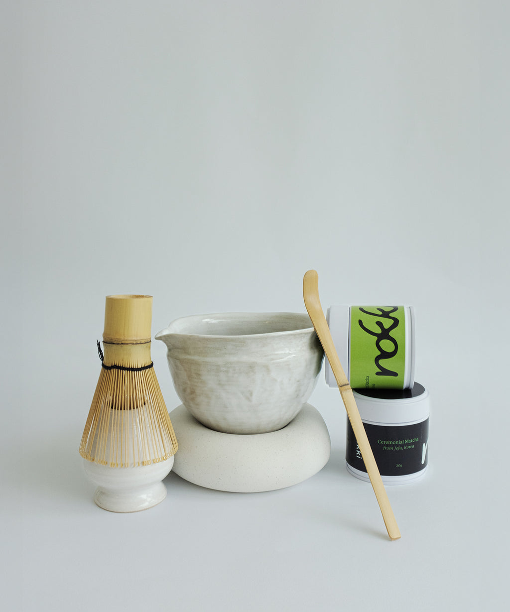 The complete Ceremonial Matcha Kit showing all tools and powder packaging.