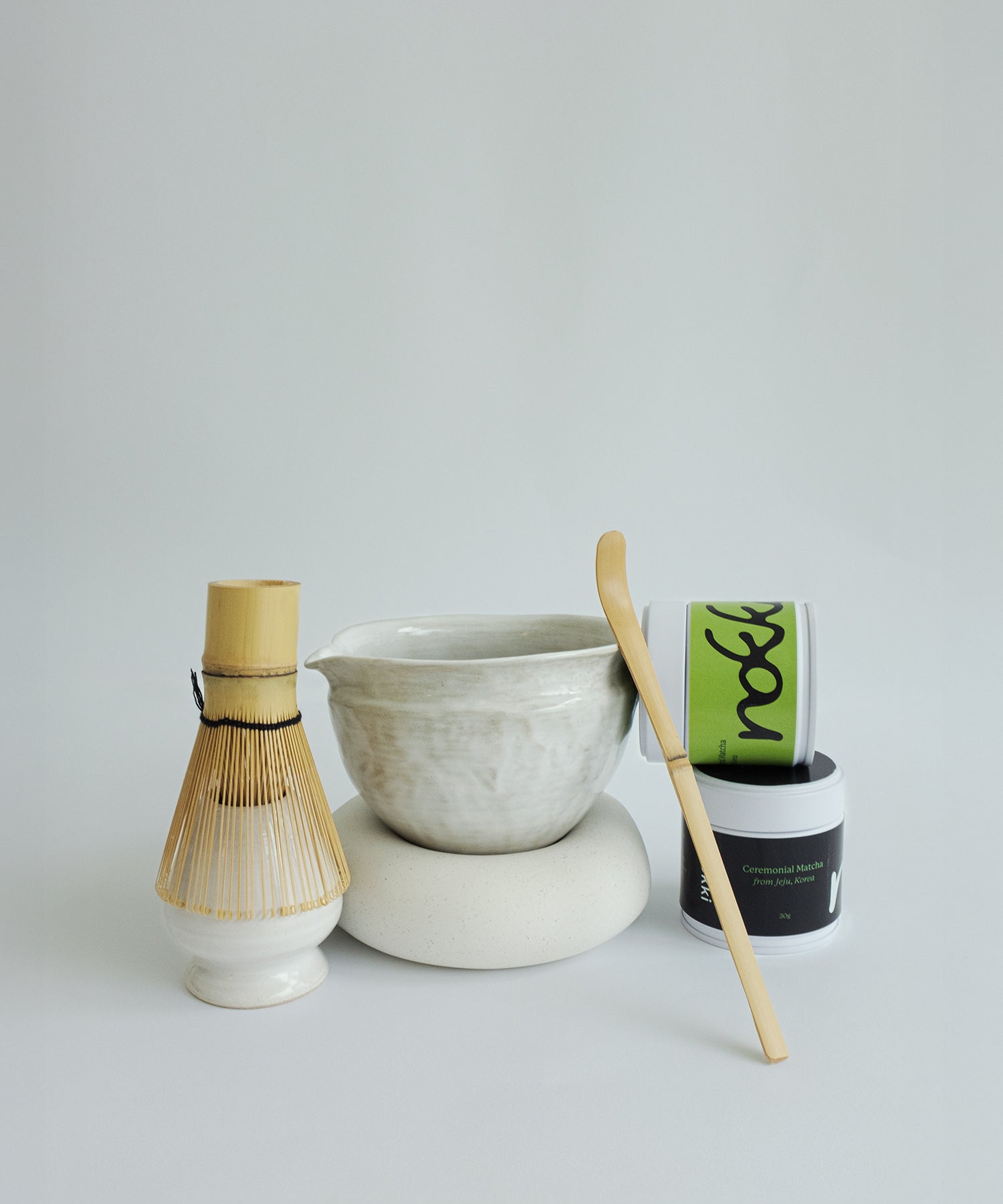 The complete Ceremonial Matcha Kit showing all tools and powder packaging.