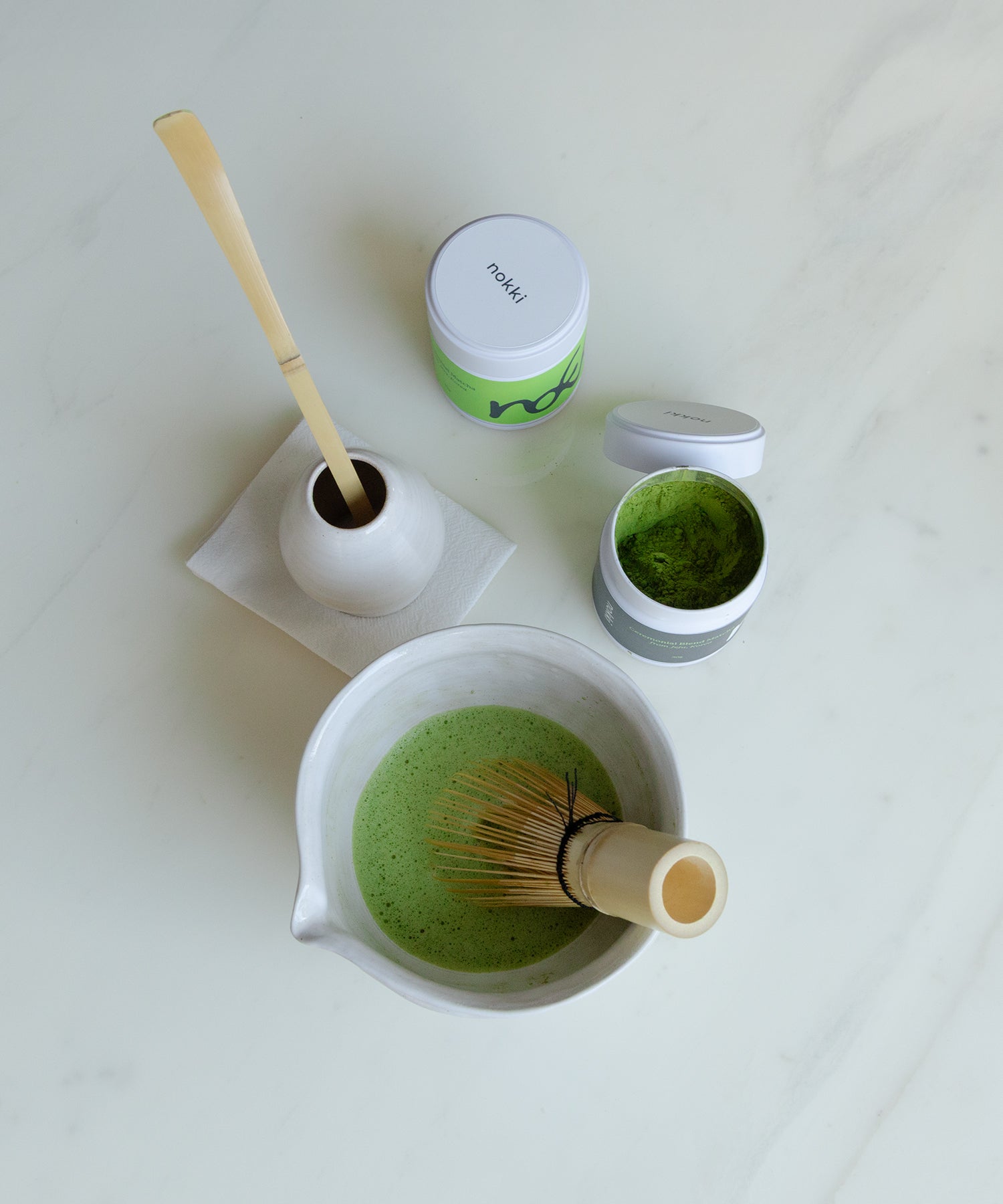 Matcha Home Brew Kit lifestyle image with brewed matcha.
