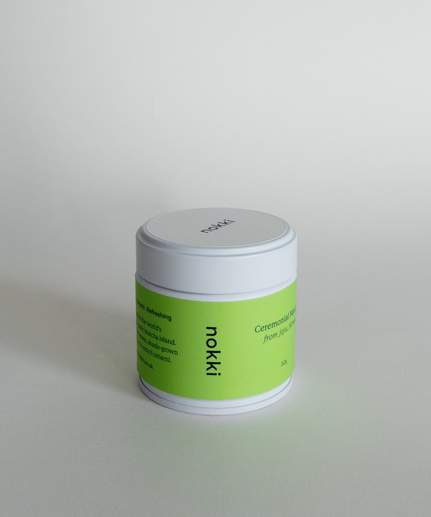 Back label of nokki Ceremonial Single Matcha tin – organic matcha powder details