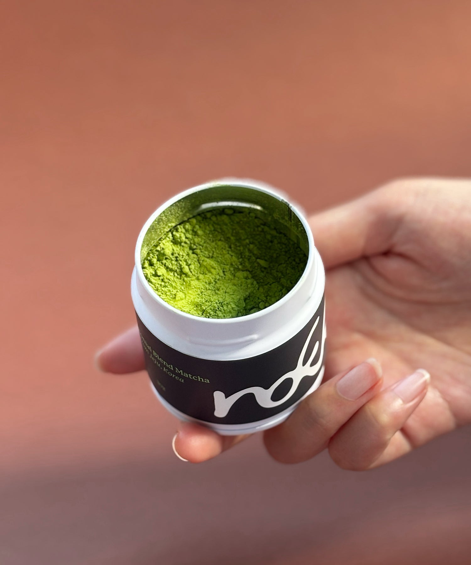 Organic Jeju Ceremonial Blend powder tin can, "Nutty, Chocolatey, Creamy, Umami" flavour.