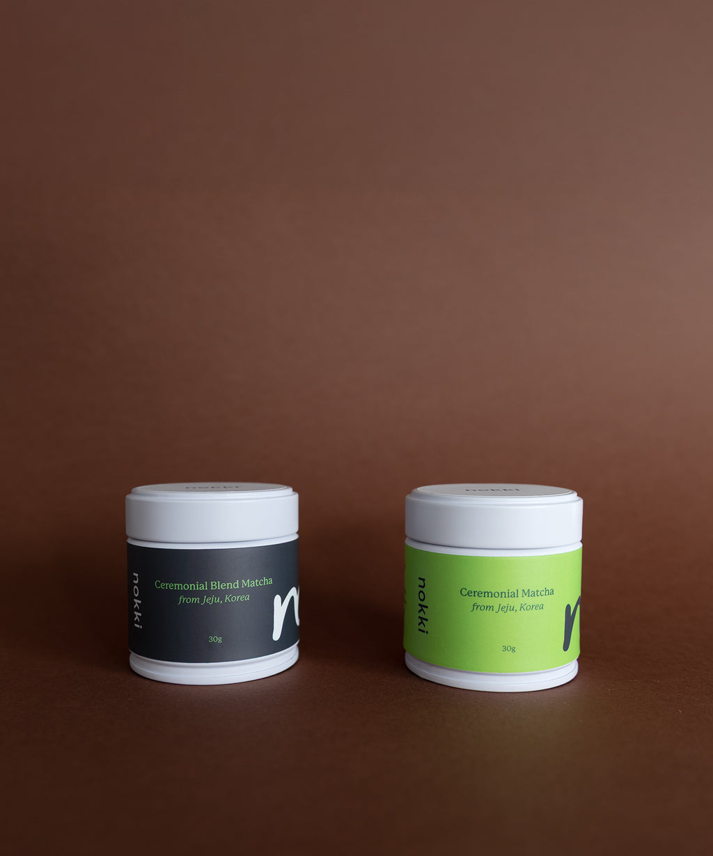Organic Jeju Ceremonial Matcha Powder Set UK. Flavour options: Nutty, Chocolatey Blend and Bright, Floral , Umami Single Origin powder tins.